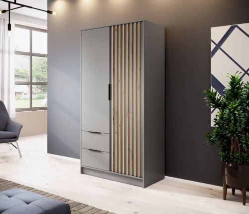 Stripe Grey Wardrobe with Drawers Narrow Hinged 2 Door 105cm