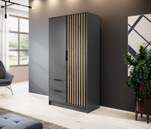 Stripe Dark Grey Wardrobe with Drawers Narrow Hinged 2 Door 105cm