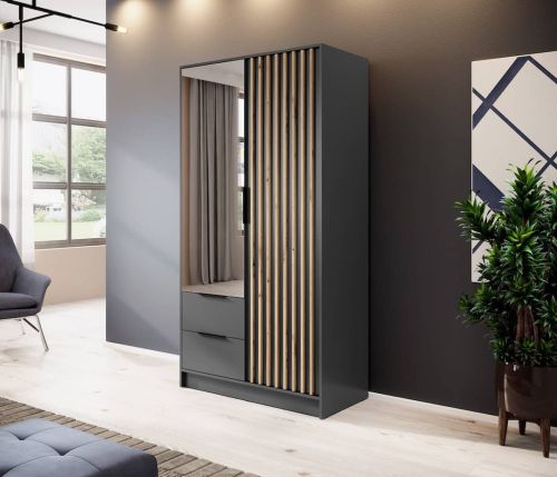 Stripe Dark Grey Wardrobe with Drawers Hinged Mirrored Door Slim 105cm