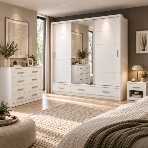 Lenart Bedroom Furniture Set Matt White | 3 Door Wardrobe 250cm