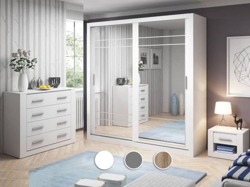 Vision Bedroom Set with Sliding Mirrored Wardrobe 203cm | Oak, White, Grey