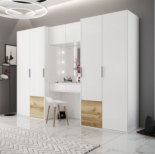 Milano Combo Wardrobe with Drawers & Dresser White/Oak 300cm