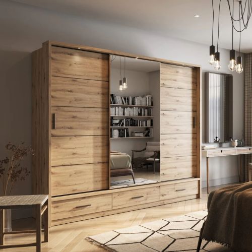 Lenart Sliding Wardrobe + Drawers + Mirror| Planked Oak | 3 Door | 250cm Wide