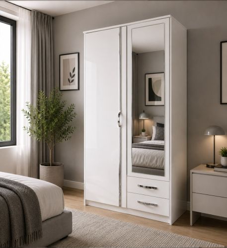 Brace White Wardrobe with 2 Drawers 2 Hinged Doors + Mirror 90cm