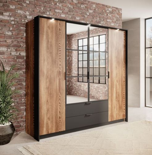London Wardrobe with Drawers Oak & Anthracite 4 Door 223cm