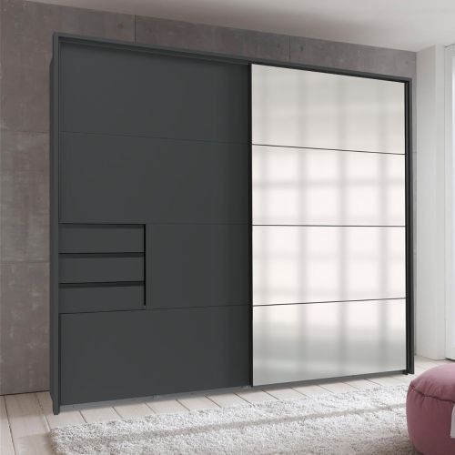 Saigon 2 Door Sliding Wardrobe with Mirror & Drawers 225cm in Graphite Grey