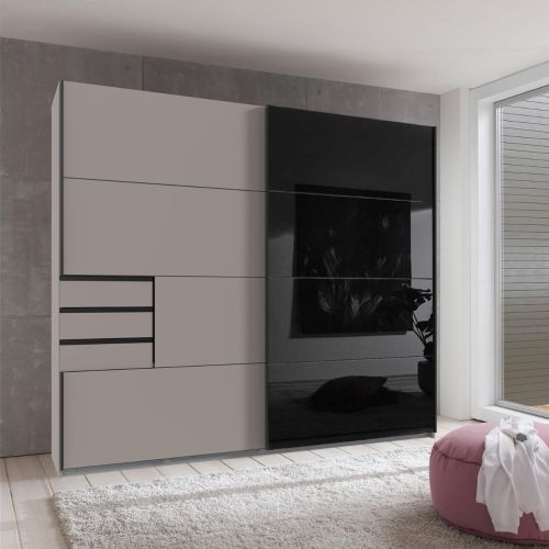 Saigon 2 Door Sliding Wardrobe with  Drawers 225cm in Sahara Grey & Black Glass