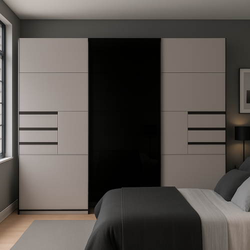 Saigon Sliding Door Wardrobe with Drawers 270cm in Sahara Grey & Tinted Black Glass