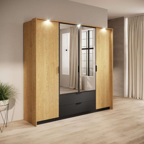 Nordic Oak & Black Hinged Door Wardrobe with Drawers 223cm