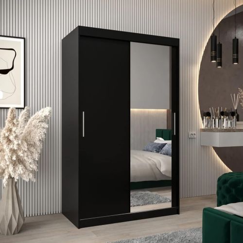 Soho Black Sliding Wardrobe with Drawers Single Mirror 120cm