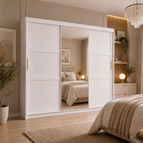 Hampton Shaker White Sliding Mirrored Wardrobe 3 Door 250cm