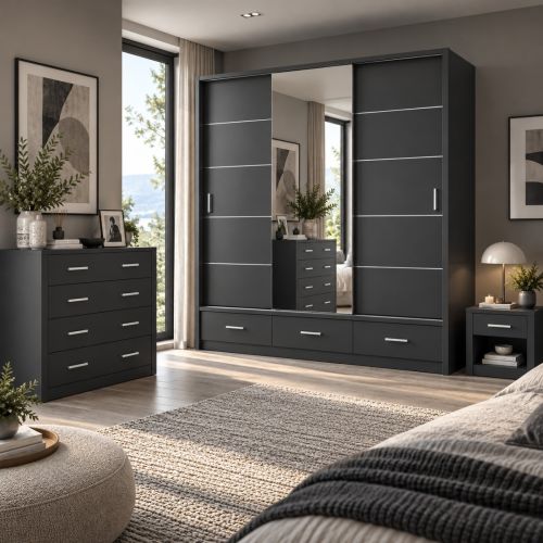 Lenart Bedroom Furniture Set Matt Black| 3 Door Wardrobe 250cm