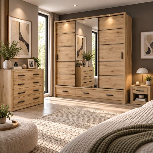Lenart Bedroom Furniture Set Artisan Oak| 3 Door Wardrobe 250cm