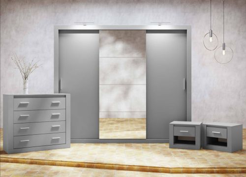 PETRA Bedroom Furniture Set Grey + Sliding Wardrobe 250cm