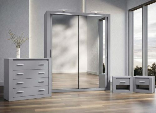 Petra Bedroom Furniture Set Grey + Sliding Wardrobe 200cm