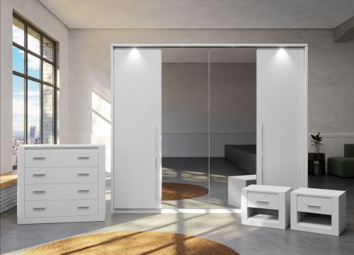 Bedroom Furniture Set White + Bi-folding Sliding Wardrobe 256cm