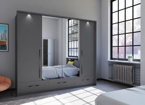 Bi-folding Graphite Grey Wardrobe with drawers, mirrors, 4 doors 256cm