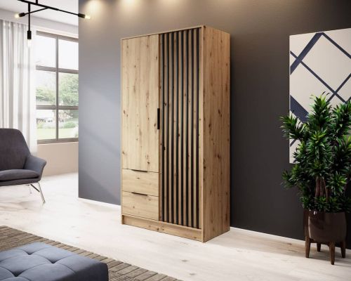 Stripe Oak Wardrobe with Drawers Narrow Hinged 2 Door 105cm